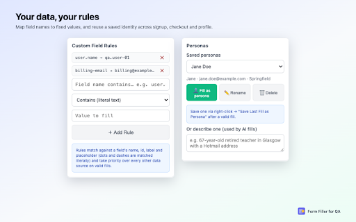 Form Filler for QA – AI Test Data Generator :: Form filler for QA: generate realistic valid, invalid & edge-case test data. Export bug reports, personas & test code.