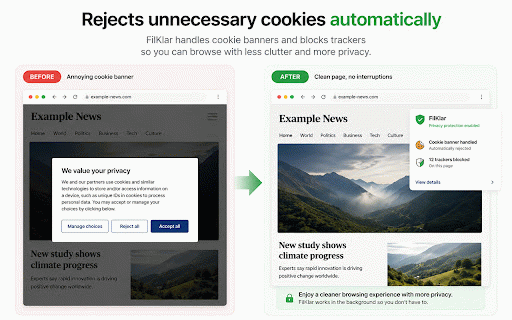 FilKlar Privacy Extension :: Auto-reject cookies, block trackers, and send PDFs straight from Chrome to FilKlar. Privacy-first.