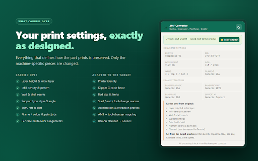 3MF Converter — Bambu, Snapmaker, Flashforge & Creality :: Convert MakerWorld .3mf files for Snapmaker U1, Flashforge Creator 5 and Creality i8. Local, instant, free.