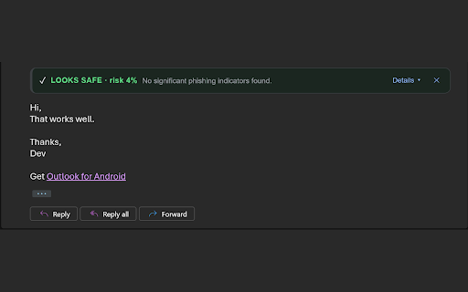 PhishingNet :: Phishing safety check in Gmail and Outlook. Analyzes each email you open and shows an inline verdict with the reasons behind it.
