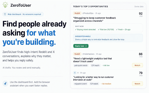 Zerotouser Browser Assistant :: Review high-intent X and Reddit conversations, draft a useful reply, and track the next step.