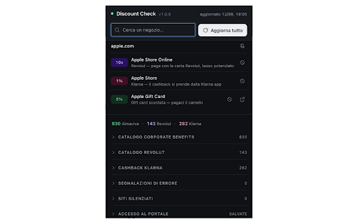 Discount Check :: Ricorda sconti Corporate Benefits, punti Revolut e cashback Klarna mentre fai acquisti online.