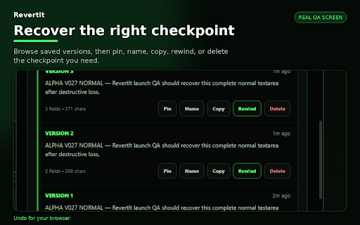RevertIt :: Undo for your browser. Recover lost drafts, undo destructive deletions, and resume saved browser work after disruptions—locally.