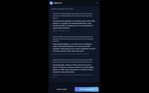 Patch CV — AI Job Analyzer :: Analyze any job against your CV in one click. Match score, missing skills, CV rewrites — plus upload your latest CV right here.