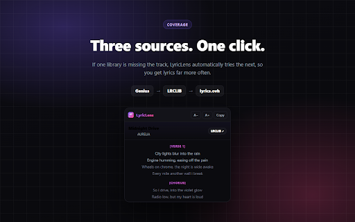 LyricLens - Lyrics for YouTube :: Instantly see synced, scrollable lyrics for any YouTube song. Pulls from Genius, LRCLIB & more. One click, no setup.