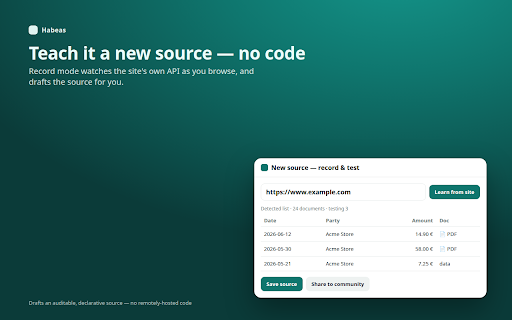 Habeas :: Reclaim your own personal data from services that lock it behind non-automatable walls — within your own session.
