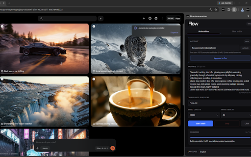Auto Flow - Flow Automation & Bulk Video for Google Veo, Nano Banana :: Batch prompt processing for Google Flow (flow.google.com): prompt queue, generation, automatic download, next prompt.