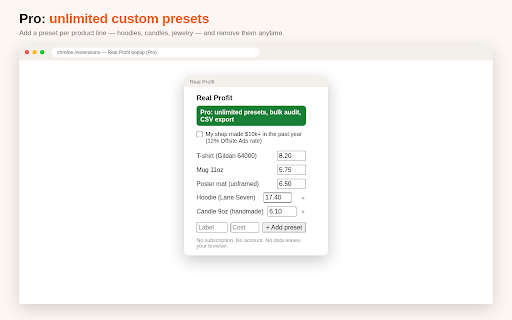 Real Profit: Etsy Fee & Profit Calculator :: Etsy profit calculator: real net margin on every listing after all 2026 fees + POD cost. One-time payment, no subscription.