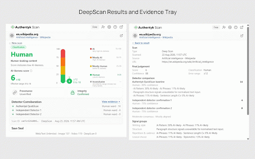 Authentyk Scan :: Free AI content detector for any web page. Check whether text, images, or video is AI-generated and share a verification Seal.