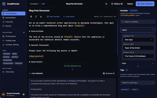 CurlyPrompt :: Build reusable prompt templates with variables and inject them into AI tools like ChatGPT, Claude, Gemini, etc.