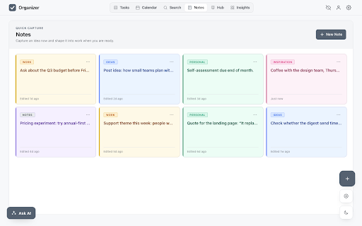 Organizer: New Tab Task Manager & Calendar :: Replace your new tab with a kanban task board, calendar sync, sticky notes, quick links and AI. Free, no account needed.