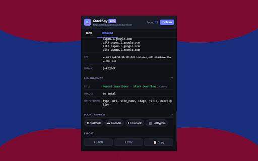 StackSpy :: Detects technologies used on any website — frameworks, analytics, CMS, CDN, and more.