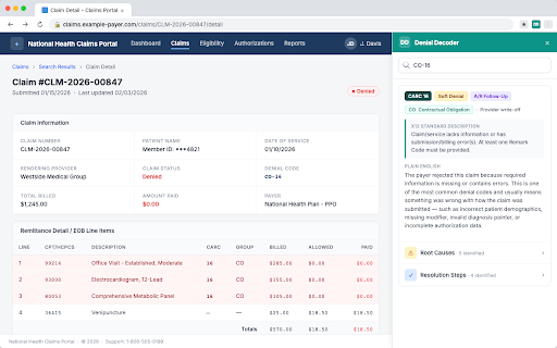 Denial Decoder - CARC & RARC Code Lookup :: Instant CARC & RARC denial code lookup with plain-English explanations, root causes, and resolution steps.