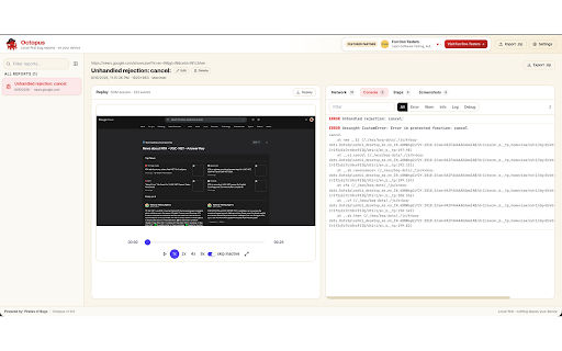 Captain Octopus — Local-First Bug Capture :: Privacy-first bug reports: replayable session, console, network & steps — redacted on-device. Nothing leaves your machine.