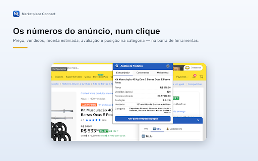 Marketplace Connect — Análise de Produtos :: Diagnostica a qualidade do anuncio, avalia titulo e descricao, mostra a posicao na busca e calcula margem. Somente leitura.