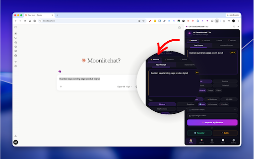 OPTIMASIPROMPT ID :: Optimalkan & sempurnakan prompt AI kamu langsung di halaman chat — cukup 1 klik, tanpa pindah tab atau copy-paste.