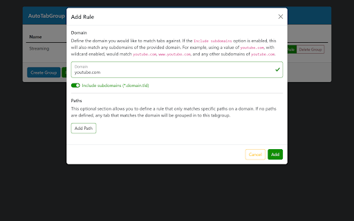 AutoTabGroup :: Automatically add tabs to tab groups based on URL rules configured in the extension options