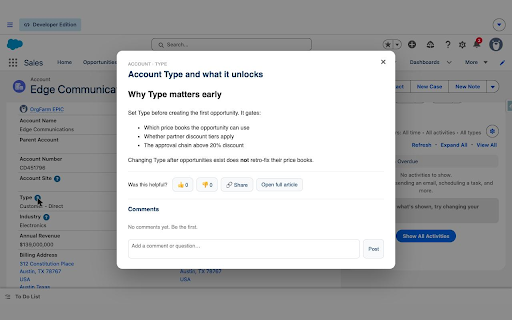 Hint for Salesforce :: Inline help icons next to Salesforce fields — articles, votes, and comments served from your own Salesforce org.