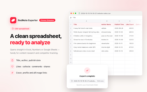 RedNote Exporter - Xiaohongshu Image & Video Downloader, Export to CSV :: Download all images & videos from a RedNote (Xiaohongshu) post in one click, and export note lists (feed, search, profiles) to CSV
