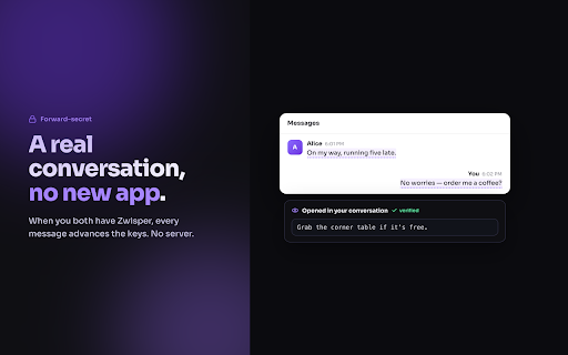 Zwisper :: Say it without saying it. Private notes hidden in messages within your apps. End-to-end encrypted.