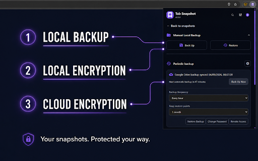 Tab Snapshot - Save, Restore & Auto Backup :: Save and restore Chrome tabs, windows, and tab groups. Includes Auto Snapshots plus encrypted local and Google Drive backups.