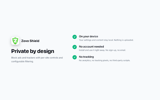 Zovo Shield - Block Ads and Trackers :: Block ads and trackers, see each site’s privacy grade, hide cookie banners with one switch, and get a weekly tracker digest.