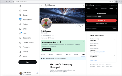 X-Cleanup :: Clean up your X account - delete tweets, remove likes, manage bookmarks and follows. No API subscription required.