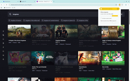 Sift: IMDB ratings on various OTT platforms. Free & Open Source. :: Sift adds IMDB ratings next to programs on various OTT platforms to help you choose what to watch faster.
