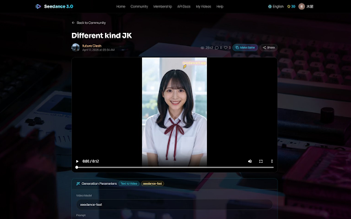 Seedance3 :: Browse community videos in side panel, play videos, view prompts/content, and launch Same in one click.