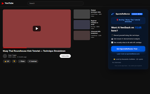 Coach Mode — AI Form Coach for Sport Tutorials :: Get AI coaching tips while watching sport tutorials on YouTube. Powered by SportsReflector — the #1 AI sports form analyzer.