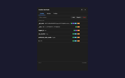 Cookie DevTools :: Developer cookie manager with real-time monitoring, environment profiles, and export to curl/wget. No tracking, no ads.