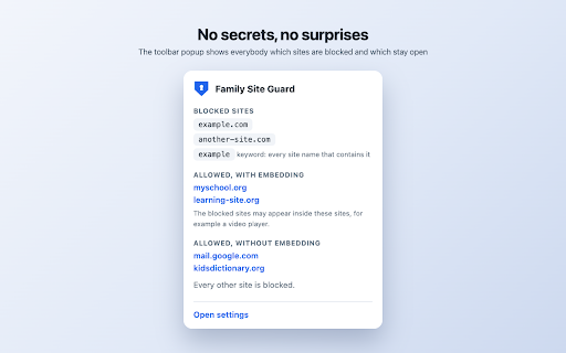 Family Site Guard :: Block sites such as YouTube, or allow only the sites you choose. Embedded videos keep working on the sites that you approve.