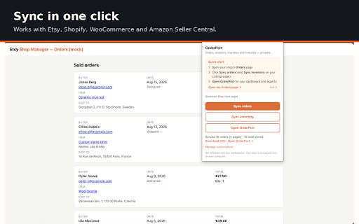 OrderPort — Sales, Inventory & Forecasting for Etsy™, Shopify & more :: Orders, sales analytics, inventory & stock-out forecasts, product watchlist. Etsy, Shopify, WooCommerce, Amazon. Local & private.