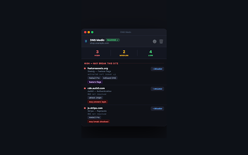 DNS Medic :: Detects DNS blocks that break websites. Supports NextDNS, Pi-hole, and Control D. Groups by risk and lets you allowlist instantly.