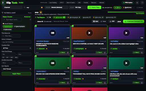 Klip Tools for Kick :: View, filter clippers, and bulk download clips from Kick channels and games with sortable tables and fast video downloads.