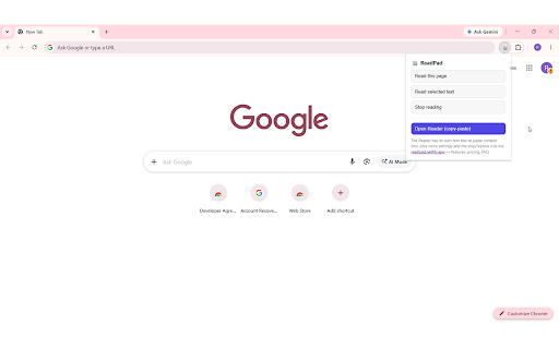 ReadPad - Text to Speech Reader :: Text-to-speech reader for Chrome. Read webpages or pasted text aloud. Pro adds translation, file import, and custom rules.
