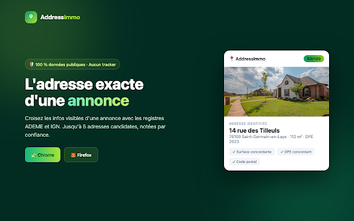 AddressImmo :: Retrouve l'adresse d'une annonce immobilière via les registres publics ADEME (DPE) et IGN (cadastre).