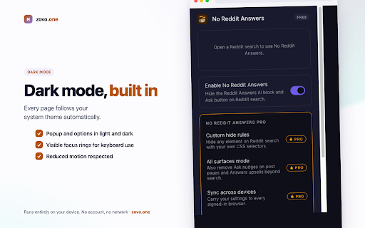 Hide AI Answers for Reddit :: Hides the forced Reddit Answers AI block and Ask button on Reddit search. Network only on key activation.