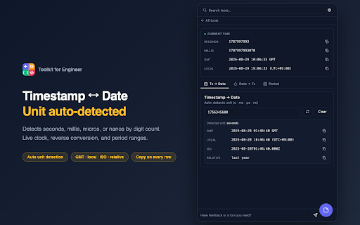 Toolkit for Engineer :: 22 developer tools in one side panel — JSON, timestamps, JWT, regex, diff, hashes, images. No tab switching, no uploads.