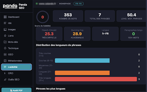 Panda SEO - Audit SEO & GEO :: Audit SEO, GEO & CRO en 1 clic. Scores, Hn, images, liens, mots-cles, lisibilite, operateurs Google et 80+ outils SEO.
