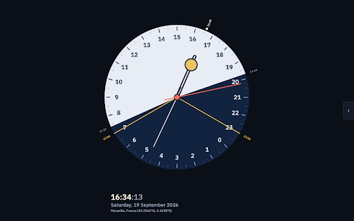 Analogous Clock :: 24-hour analog clock with day/night shading, moon phase, and up to twelve time zones on one dial. Click the icon to open it.