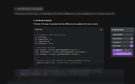 AI Code Harvester for Gemini & ChatGPT :: AI Code Harvester works on Gemini and ChatGPT - copy & download code blocks, jump between files, select what you need, export as ZIP