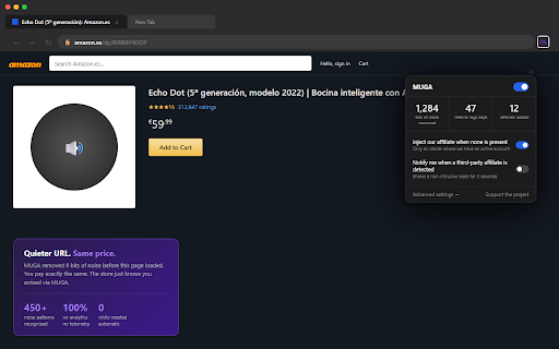 MUGA: The URL denoise extension for the web :: Clean the tracking noise from your URLs without breaking them. No analytics, no telemetry. Open source.