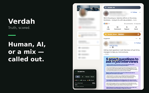 Verdah :: Highlights likely AI-written posts on LinkedIn with confidence-scored badges.