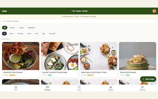 mise — Auto-fill Woolworths cart :: Fill your Woolworths cart from a mise weekly meal plan. Runs entirely in your browser — your credentials never leave your device.