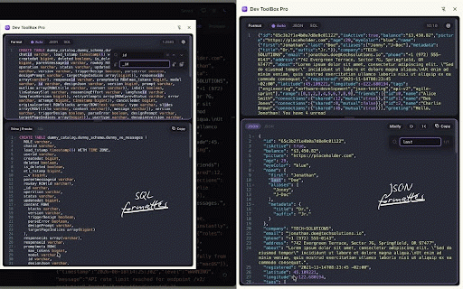 Dev ToolBox Pro :: Format JSON and SQL, decode Base64 and JWT, convert Unix time, and diff text — locally in a Chrome side panel.
