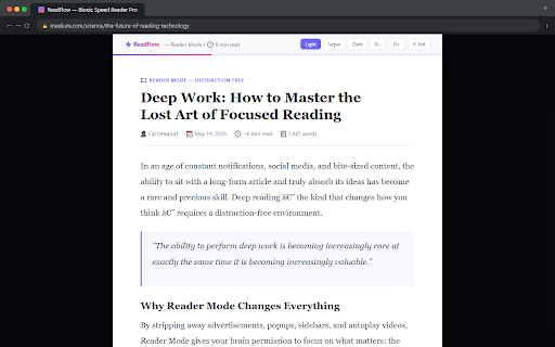 ReadFlow - Bionic Speed Reader Pro :: Read 2-3x faster: Bionic Reading, RSVP Speed Reader, Read Aloud, Reader Mode, focus tools, highlights and reading goals.
