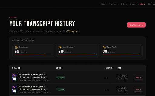 TokTranscript — TikTok Transcript Extractor :: Extract any TikTok video transcript in one click. AI transcript, auto-translate, viral hook breakdown.