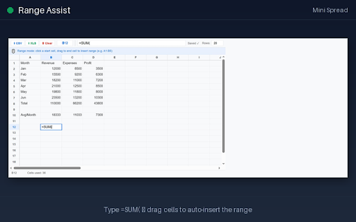 Mini Spread :: Lightweight spreadsheet in your browser. Formulas, range select, CSV/XLS export, Google Drive save. No server, no tracking.
