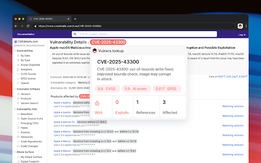 Vulners Lookup :: Automatically detect and highlight CVE IDs on web pages with vulnerability information from Vulners.com